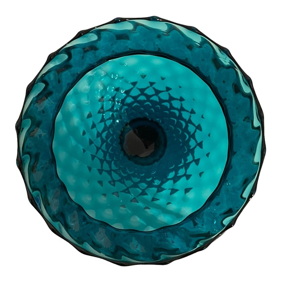 Vintage MCM Empoli Teal Blue Optic Glass Stemmed Fluted Vase Compote Bowl 12" - Picture 6 of 6